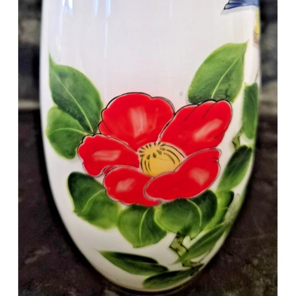 White Hand Painted Glass Bluebird and Camillia Flower Vase with Gold Accent